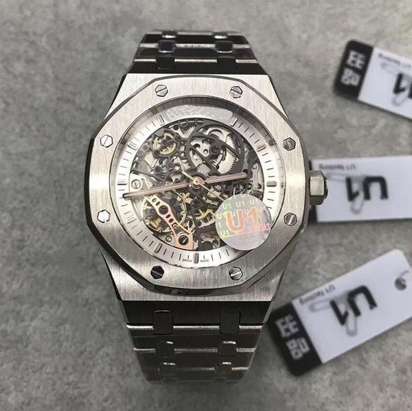 

top продажа u1 завод сапфировое стекло watch15407st.oo.1220st.01 серия 41mm скелет набора автоматического движения твердая нержавеющей ремеш, Slivery;brown