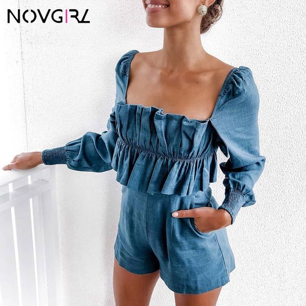 

novgirl elegant ruffles square neck playsuit women long sleeve elastic high waist jumpsuit rompers blue white overalls 2019, Black;white