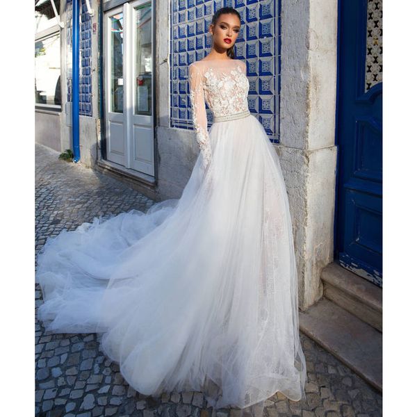 

vestido de noiva long sleeves wedding dresses lace a line wedding gowns sheer new arrival bride dress robe de mariee, White