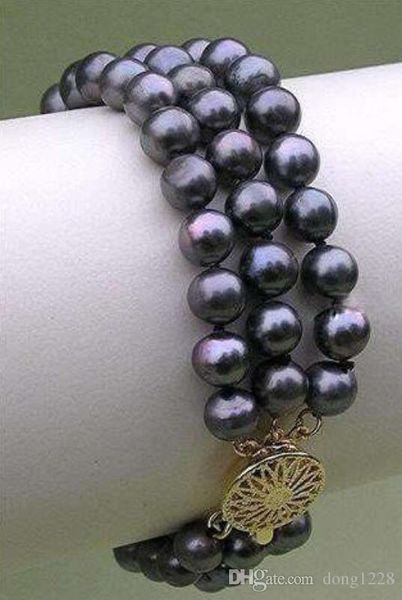 

3 strands natural 8-9mm tahitian black pearl bracelet w
