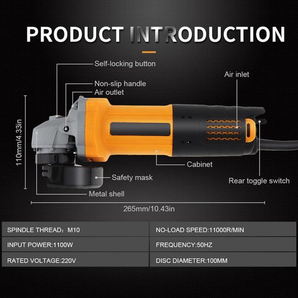 

220v 1100w 11000rpm compact electric angle grinder polishing machine cutting tool for household polishing and rust removal