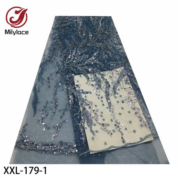 

african beaded tulle lace fabric high lace material net french embroidery nigeria fabric with sequins xxl-179, Pink;blue