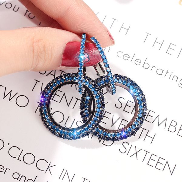 

korean sparkling royal blue crystal stone pierce earrings blue rhinestone inlaid geometric pendant earrings women party jewelry, Golden;silver