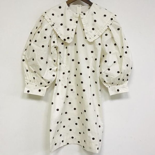

2020 new women shirt dress for spring summer peter pan collar dot printed cotton half puff sleeve retro cute mini dresse, Black;gray