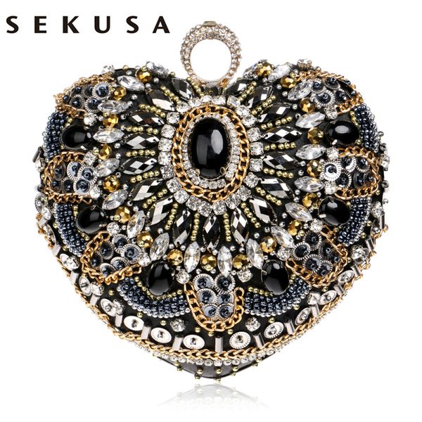 

sekusa heart women bag finger ring diamonds purse clutch chain shoulder emroidery messenger bag beaded rhinestones weeding