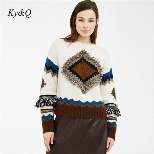 

2019 winter vintage tassel boho geometric pattern wool-blend sweater o-neck long sleeve luxury christmas brand pullover jumper, White;black