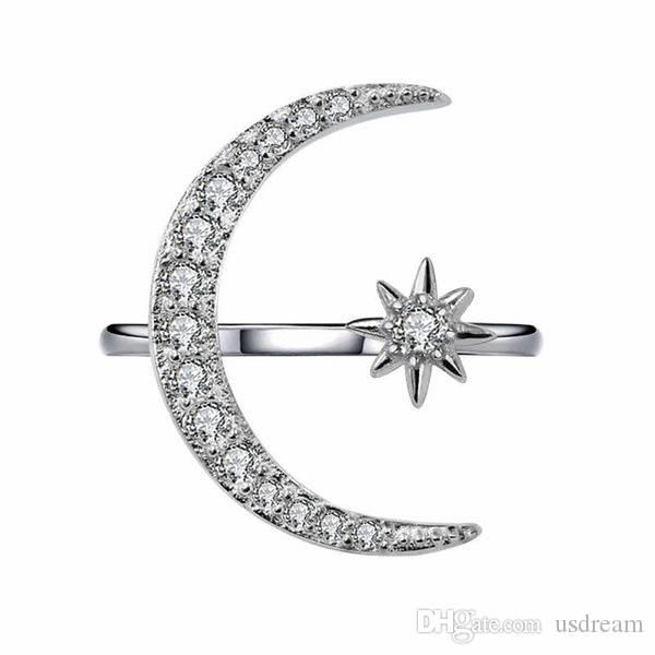 

crystal moon ring diamond moon star rings adjustable engagement rins designer rings fashion jewelry for women will and sandy dropship 080444, Golden;silver