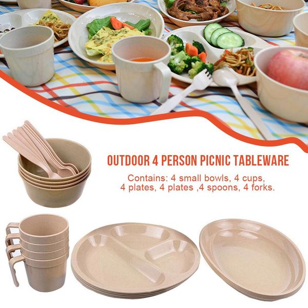 

outdoor 4 person picnic barbecue tableware set eco-friendly portable plastic tableware set bowl dish cup combination 16 pcs