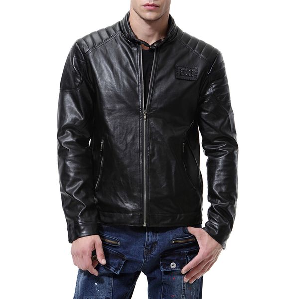 

dropshipping men motorcycle leather jacket fashion bomber jackets outerwear faux leather long sleeves pu male coat, Black