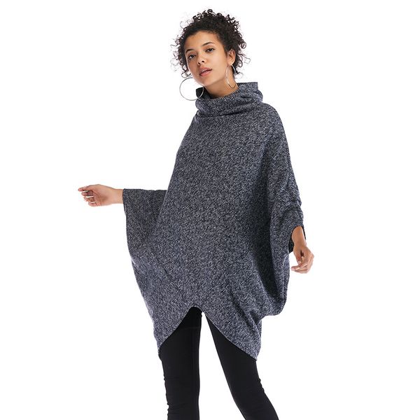 

women's shawls autumn winter sweater euramerican irregular hem high collar jacket ladies bat sleeve knitting cloak, Blue;gray