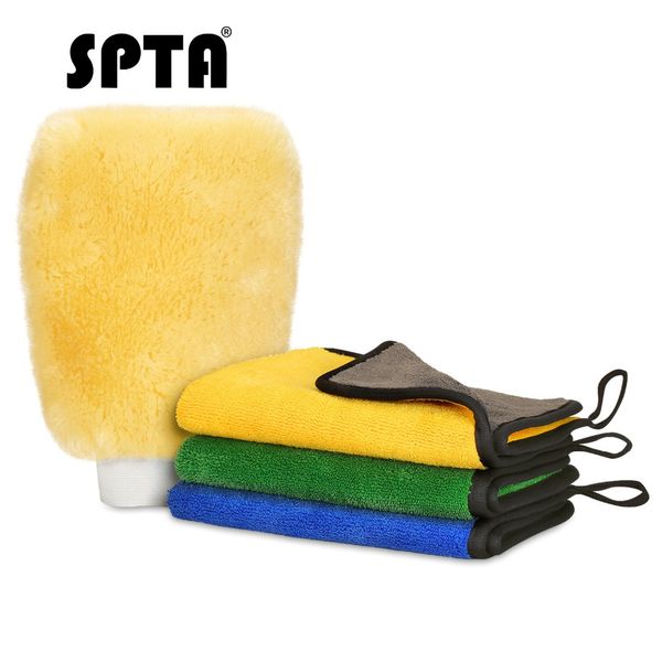 

spta car detailing towels ultra-thick microfiber cleaning cloth towel & wash glove double layer drying towel polishing waxing