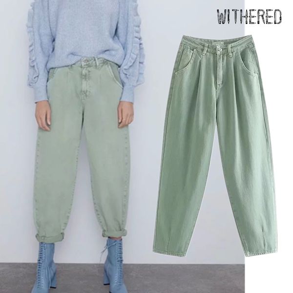 

увядшие 2019 зима англии марочные твердый джинсы женщина высокой талии свободные джинсы в складку для женщин бойфренда для женщин, Blue