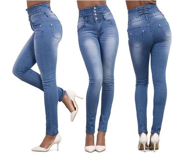 

ladies high waist slim multi-color large size s-3xl light blue pencil feet jeans women's high quality