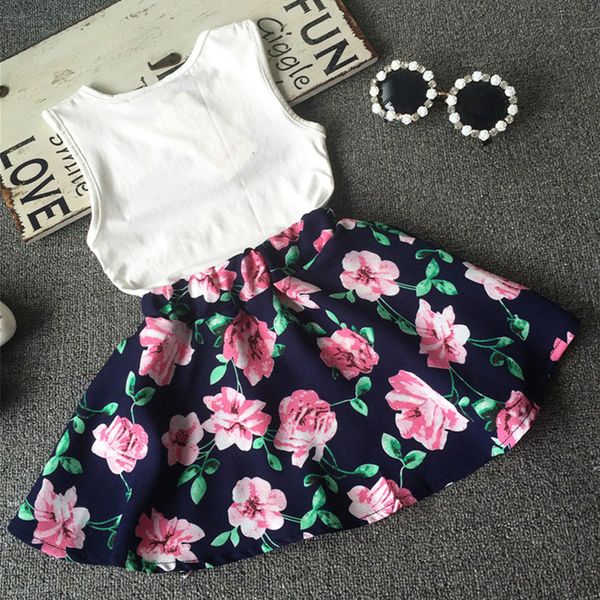 

2019 2pcs kids baby girls toddler t-shirt tank and skirt dress set outfits clothes, White