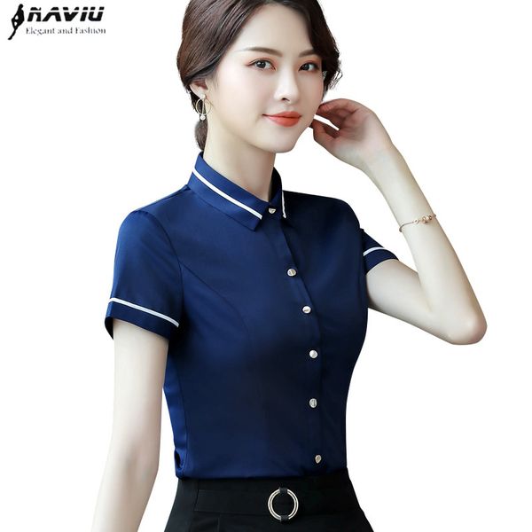 

2019 new business women cotton shirt summer fashion formal short sleeve slim blouses office ladies work plus size, White