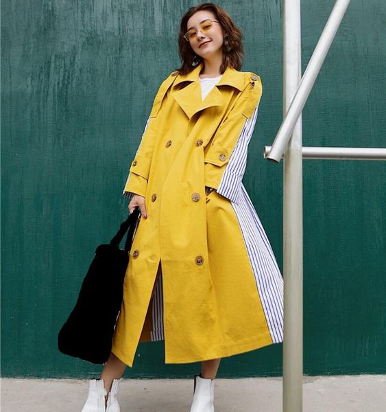 

autumn lace up patchwork striped windbreaker coat turn-down collar trench overcoat women long sleeve casual clothes, Tan;black