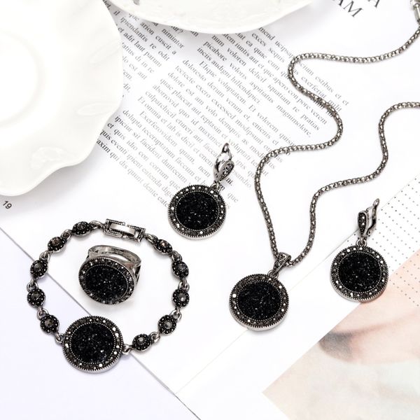 

1 set vintage rhinestone necklace earrings bracelet ring set bohemia black broken stone wedding jewelry