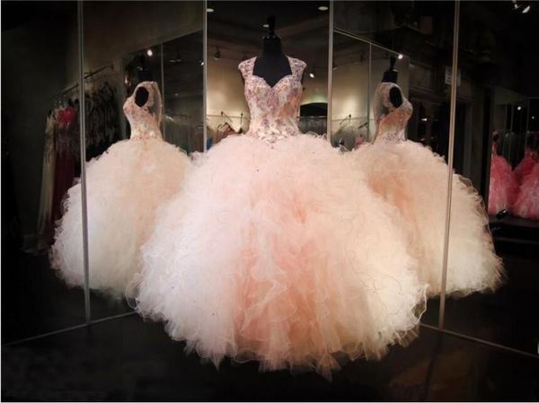 

blush pink ball gown quinceanera dresses cap sleeves button up illusion back applique lace sweet 16 dresses special occasion dress, Blue;red