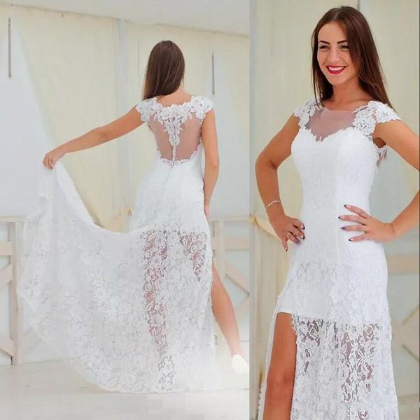 

новые сексуальный стиль полный шнурок свадебные платья side split cap sleeve see through назад длина пола оболочки свадебные платья нестанда, White