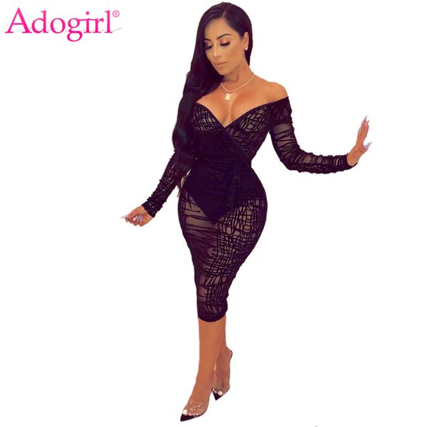

adogirl сборки sheer кружева bodycon платье плюс размер s-4xl женщины sexy v шеи плеча с длинным рукавом оболочка midi club party dress, Black;pink