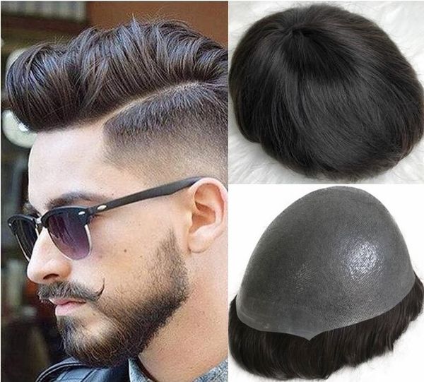 2019 Full Thin Skin Toupee Black Color 1b Men Wig Silky Straight