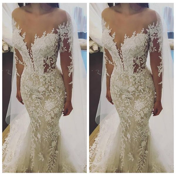 

2020 sheer long sleeves slim mermaid wedding dresses formal bridal gowns customized vestidos de marriage women wedding wear, White