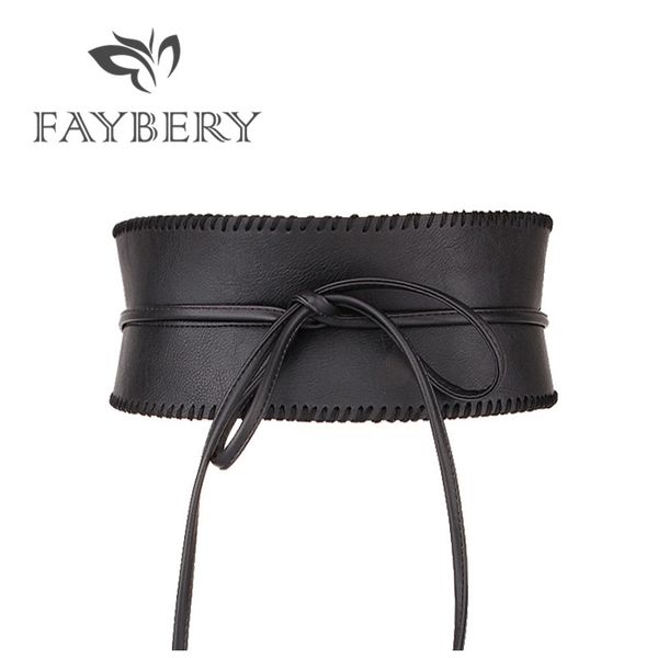 

elegant self tie wide belts for women soft pu leather bowknot belt obi style wrap around waistband black long dress belts y200513, Black;brown