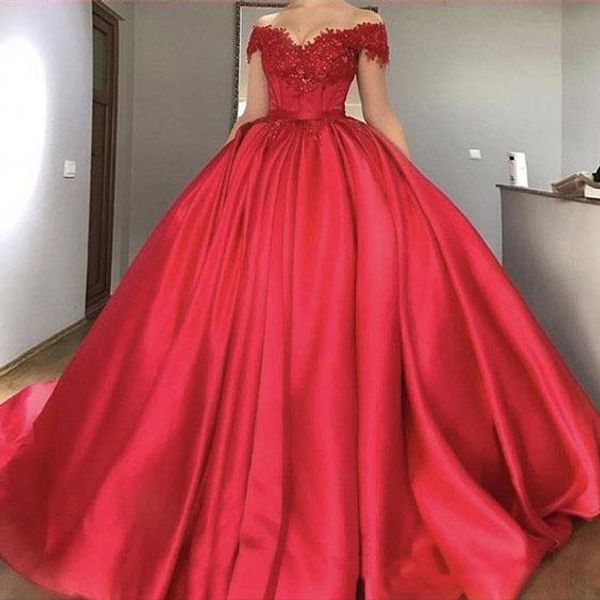

red ball gown evening dresses off shoulder lace appliqued prom evening gown plus size satin formal party pageant wear, Black;red