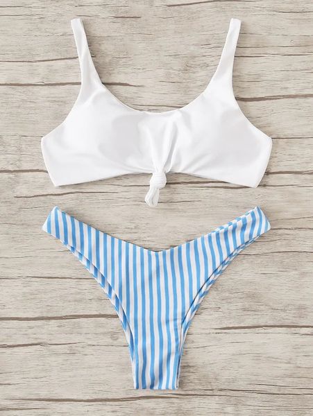 

2pcs bikini set women striped push up front tie bra swimsuit female scoop neck fringe beach bathing suit thong swimming suit