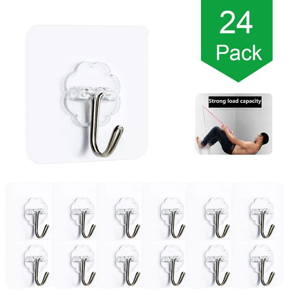 

us stock] 24 packs 50pcs wall hooks 15lb plastic transparent adhesive hooks waterproof oilproof for bathroom kitchen self adhesive hooks