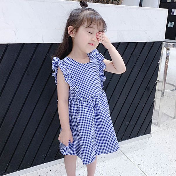 

summer korean baby girls a line dress sleeve ruffles ruched vestidos kids toddler bowknot plaids button cotton 1 to 8 yrs, Red;yellow