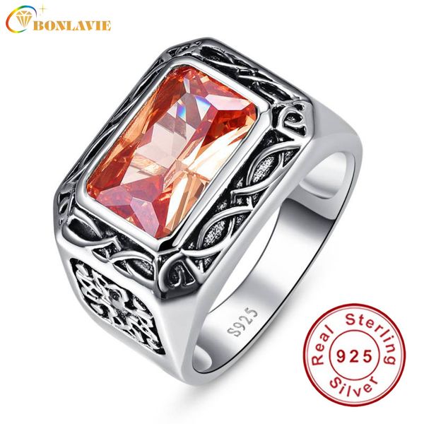 

vintage men silver ring jewelry 925 sterling silver jewelry 6.75ct morganite antique square rings for men anillos bague gifts ly191226, Slivery;golden
