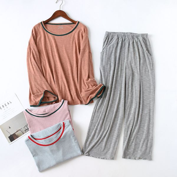 

women's sleepwear pure color thin cotton pajamas women clothes loose pit strip long sleeve trousers spring homewear suit pijama mujer, Black;red