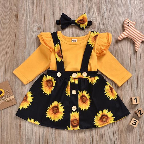 Vestiti per ragazza floreale Pagliaccetto manica arricciata Gonna girasole Fascia per capelli 3 pezzi Imposta Toddler Girls Bretella Gonna Tute Abiti per bambini 4 lotti DW5145