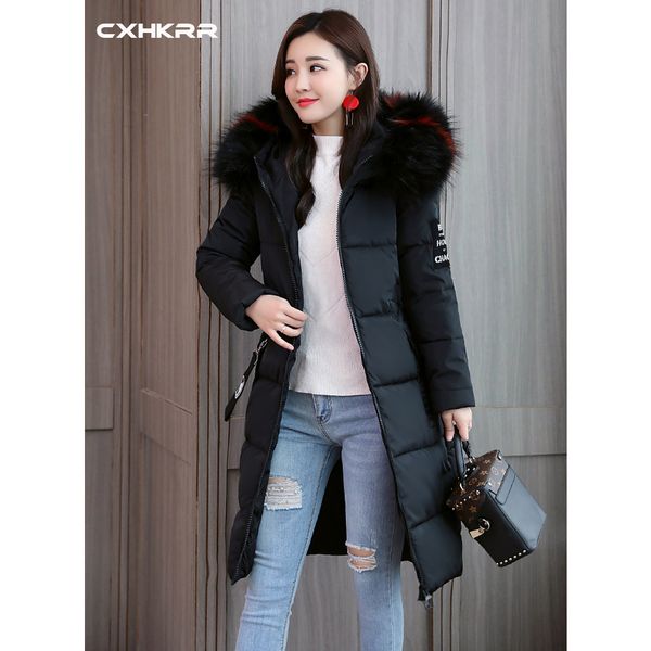 

cxhkrr 2019 winter coat women's mid-length women's parka coat winter plus size warm cotton slim fur collar wome, Black
