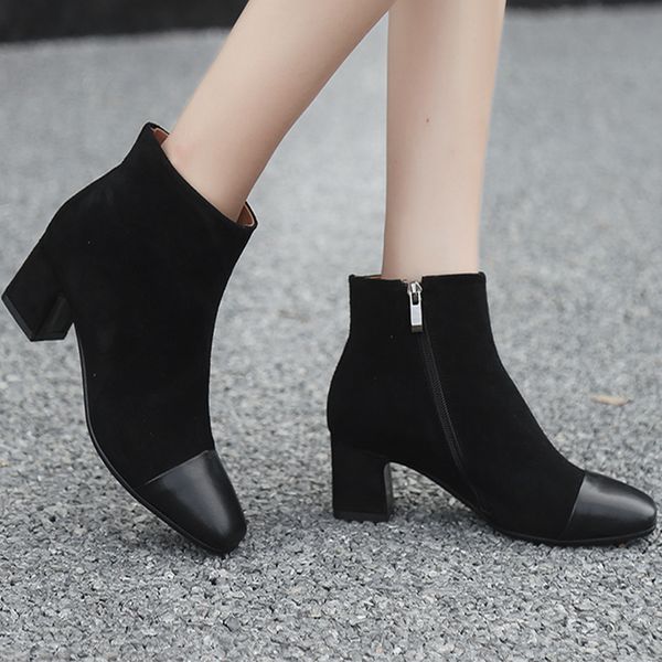 

moxxy square toe med heels shoes women zip boots basic shoes autumn and winter casual female ankle boots fashion outwear, Black