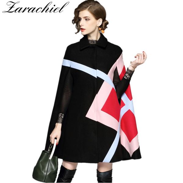 

fashion women winter jacket geometric pattern batwing sleeve woolen warm cloak ponchos cape coat wool blends outerwear
