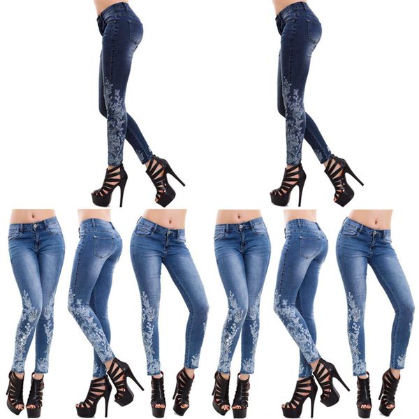 

new women's tide jeans high waist embroidered thin jeans embroidered direct selling ms. explosion pants s-5xl, Blue