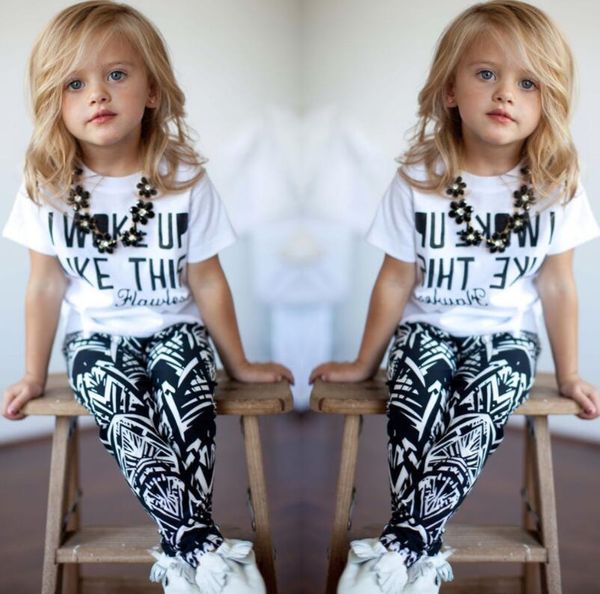 

children's popular summer girls' suit letter short sleeve t-shirt + geometric printing pants two-piece wholesale ing, Camo