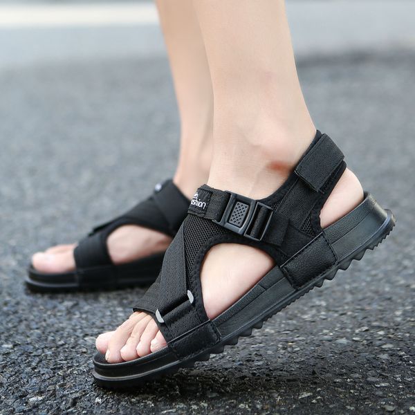 

goodrsson roman style men's sandals flat hook&loop flip flop gladiator beach shoes waterproof outdoor plus anti-slip footwear, Black