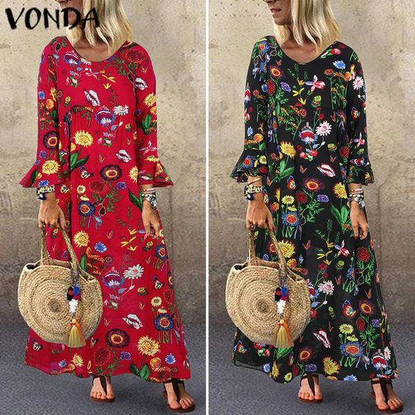 

casual dresses vonda maxi dress 2021women long sleeve floral printed holiday vintage bohemian vestidos plus size sundress 5xl, Black;gray