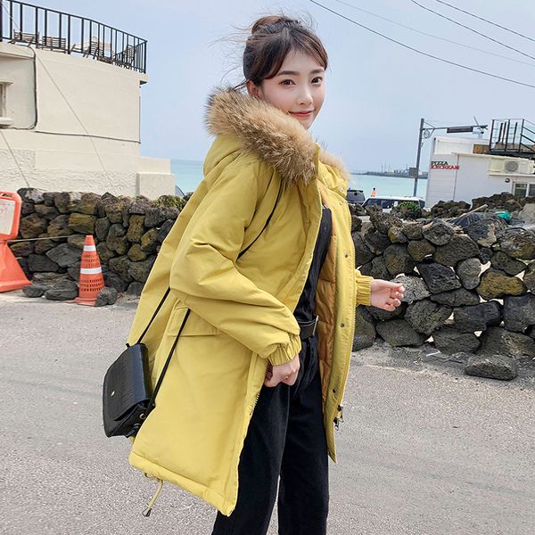 

2019 warm thicken big fur collar ladies long coats parka womens jackets simple fashion women winter jacket cotton padded, Black