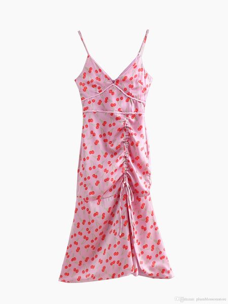 

cherry print maxi dress women new summer sleeveless v neck front split retro bohemian dresses chic backless party beach long dress