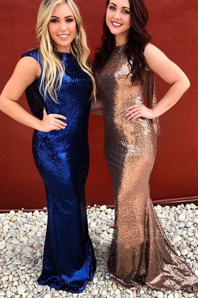 

2019 Modest Sleeveless Mermaid Sequins Prom Gowns Dropped Back 2019 Evening Dresses Custom Made Bridesmaid Party Dresses