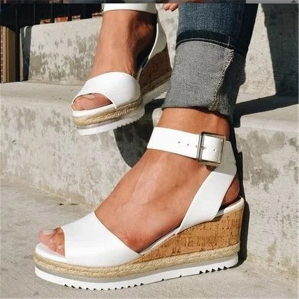 

oeak retro womens fashion open toe ankle buckle platform wedges shoes ladies roman sandals buty damskie wedges heel shoes mujer, Black