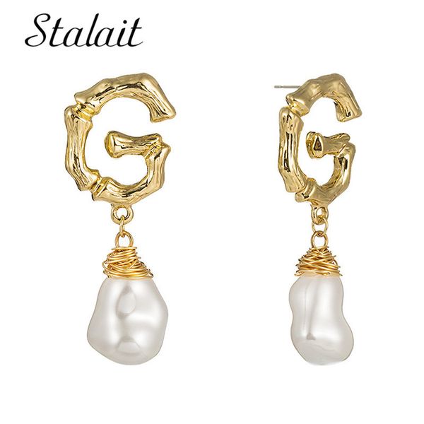 

baroque irregular fresh pearl drop earrings fashion bohemian gold metal letter g earrings for women jewelry gift, Golden