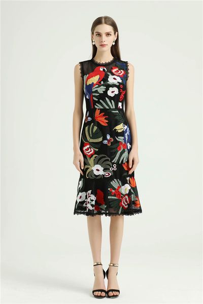 

french style elegant 2020 summer fashion show new high-end womens temperament slim heavy industry embroidered dress, Black;gray