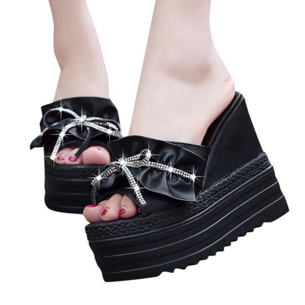 

summer slippers women pure color crystal platforms floral wedges butterfly knot super high heels shoes outdoor slippers #g3, Black