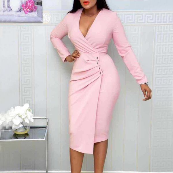 

fashion dress women elegant pink blue long sleeve v neck vestidos slim office lady solid midi dresses casual work summer autumn, Black;gray