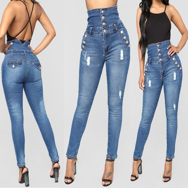 

europe and america wish quality high-waisted overcharging you ultra-stretch skinny pants foreign trade export, Blue